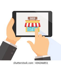 Hand holding tablet and pointing on the online shop web page app on the screen vector illustration