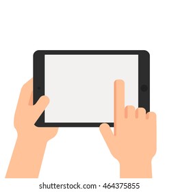 hand holding tablet and pointing on the screen concept vector illustration