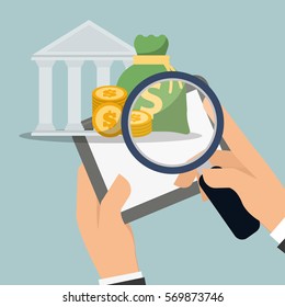 hand holding tablet search currency bank digital vector illustration eps 10