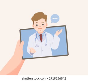 A Hand Holding Tablet See Doctor Video Call Online To Conect Hospital For Consultation Or Diagnosis From Distancing Place Illustration Vector.