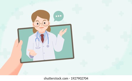 a hand holding tablet see a woman doctor video call online to conect hospital for consultation or diagnosis from distancing place blank banner illustration vector. Health Care Concept.