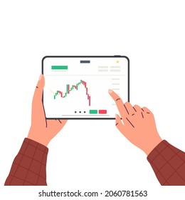 Hand holding tablet with stock chart screen. Concept of business, trading stock, forex, cryptocurrency, finance, stock exchange, investment. Flat style illustration.