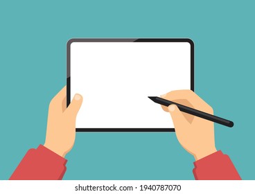 Hand holding tablet with stylus pen, Blank white screen, Technology and business and creative design concept, Flat design vector illustration