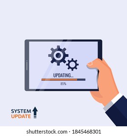 Hand holding tablet with system being updated symbol. New upgrade software or application vector illustration.