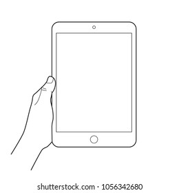 Hand holding a tablet touch devices. Simple outlined vector icon. White background.