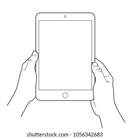 Hand holding a tablet touch devices. Simple outlined vector icon. White background.