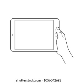 Hand holding a tablet touch devices. Simple outlined vector icon. White background.