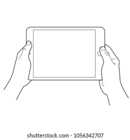 Hand holding a tablet touch devices. Simple outlined vector icon. White background.