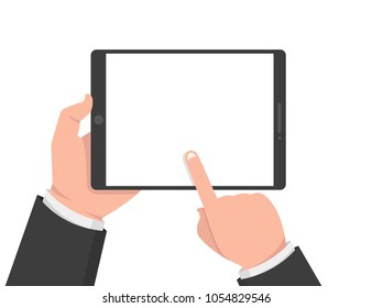 Hand holding tablet and touching screen. Vector illustration.