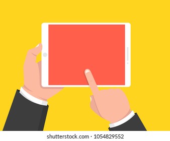 Hand holding tablet and touching screen. Vector illustration.