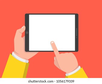 Hand holding tablet and touching screen. Vector illustration.