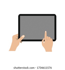 Hand holding tablet and touching screen. Flat vector illustration. tablet with blank screen, isolated on white background. Vector EPS 10