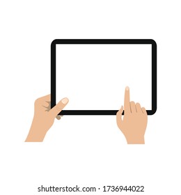 Hand holding tablet and touching screen. Flat vector illustration. tablet with blank screen, isolated on white background. Vector EPS 10