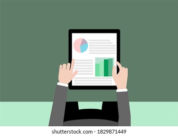 Hand holding tablet and touching screen. Flat vector illustration. Icons Set of Business Work Flow Items and Gadgets. Working or Studying Concept. 
