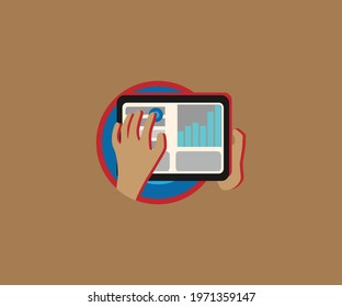 Hand holding a tablet and touching screen. Flat vector illustration. suitable for logo, background, web design and icon.