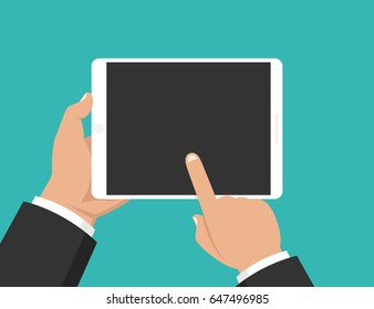 Hand holding tablet and touching screen. Flat vector illustration.