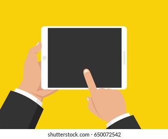 Hand Holding Tablet And Touching Screen. Flat Vector Illustration.