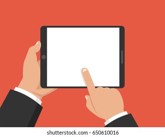Hand holding tablet and touching screen. Flat vector illustration.