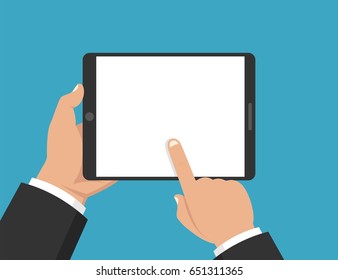 Hand Holding Tablet And Touching Screen. Flat Vector Illustration.