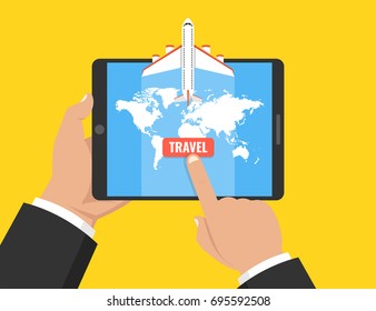 Hand holding tablet and touching travel button on the screen. Travel around the world concept. Flat cartoon style. Vector illustration.