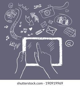 Hand holding tablet touchscreen sketch play communication elements background vector illustration
