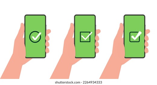 Hand holding a tablet. Using digital tablet pc. Empty screen. Approved choice. Accept or approve checkmark.