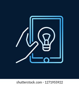 Hand holding tablet vector outline concept colored icon or symbol on dark background