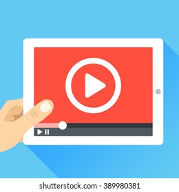 Hand holding tablet with video frame and play button. Video marketing, online cinema. Modern flat illustration, flat design elements for web banners, web sites, infographics. Vector illustration