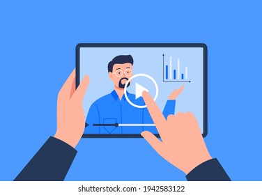 A Hand Is Holding A Tablet With A Video Player. Watching A Video, Course, Webinar, Tutorials Online. Vector Flat Illustration.