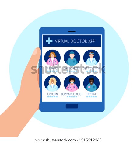 Hand holding tablet with virtual medicine app on screen. Choose doctor online.  Remote diagnosis and treatment. Vector illustration in the style of hand drawn flat.Consultation in chat and video call.
