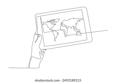 Hand holding tablet with world map. World map concept one-line drawing