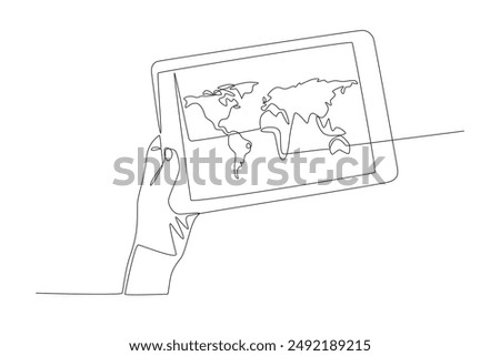 Hand holding tablet with world map. World map concept one-line drawing