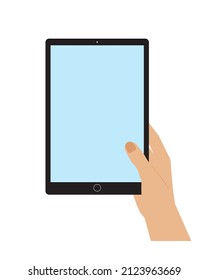 Hand holding tablet.Template, mock-up of empty toch screen. Space for your image or text. Flat style,minimalist design.Isolated. Vector illustration