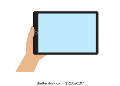 Hand, die Tablette hält.Vorlage, Muster aus leeren Touchscreen. Platz für Ihr Bild oder Ihren Text. Flacher Stil, minimalistisches Design. Einzeln. Vektorgrafik