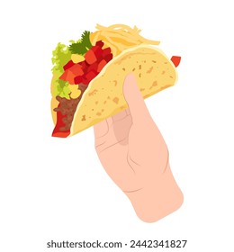 Hand holding taco with meat, vegetables and cheese side view isolated on white background. Hand drawn mexican food. 
