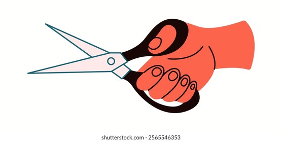 Hand holding tailor scissors flat color vector illustration. Person starting to cut fabric closeup cartoon icon on white background