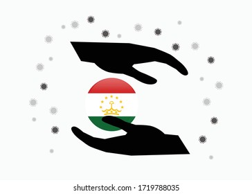 Hand holding Tajikistan flag in cycle symbol, Protect Tajik people from coronavirus or COVID-19 concept, Save Tajikistan, sign symbol background, vector illustration. 