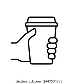 Hand holding take away coffee in reusable cup, line icon. Takeaway drink in paper mug. Coffee to go. Vector outline illustration