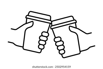 Hand holding take away coffee in reusable cup, clink simple line icon. Fast drink flat design. Takeaway drink in paper mug. Coffee to go. Vector illustration