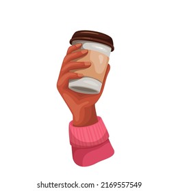 Hand holding takeaway coffee cup vector illustration. Cartoon arm of person with isolated disposable cardboard or plastic mug of hot drink, hipster drinking cappuccino, americano, latte during travel