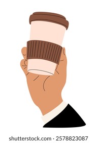 Hand holding takeaway paper cup with coffee. Takeout tea mug. Businessman in suit drinking hot beverage, espresso, americano. Flat graphic vector illustration isolated on white background 