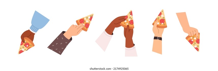 Hand holding, taking triangle pizza slices set. Italian fast food, cut snack pieces. Salami sausage and cheese fastfood eating, top view. Flat graphic vector illustrations isolated on white background