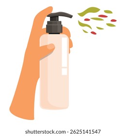 A mão está segurando um frasco alto e pulverizando perfume ou algum produto cosmético com um aroma floral