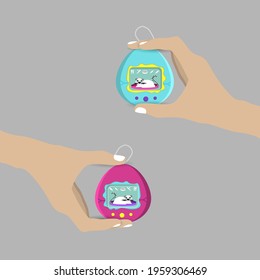 Hand Holding Tamagotchi. Nostalgia, Old School Music, Retro Technology Design, Vintage Music Shop Concept. Vector Illustration.