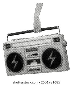 hand holding tape recorder boombox audio system isolated on white background retro grunge halftone dotted vintage cutout music collage element for mixed media design y2k 80s 90s pop art