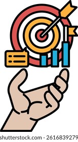 A hand holding a target with a red bullseye and a yellow arrow. The hand is also holding a chart with a line graph