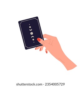 Hand holding tarot card with boho moon. Female fortune teller predicting future. Magic and esoteric. Vector illustration in flat cartoon style.