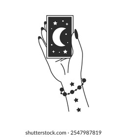 Hand Holding Tarot Card Line art. Woman fingers with long nails showing mystical prediction symbol. Occult Palm with tattoo bracelet star shape. Vector illustration.