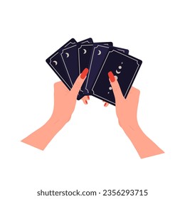 Hand holding tarot cards with boho moon. Female fortune teller predicting future. Magic and esoteric. Vector illustration in flat cartoon style.