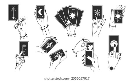 Hand holding Tarot Cards Set. Fortune telling prediction woman gestures collection in line art doodle sty. Mystical Esoteric icons. Vector illustration